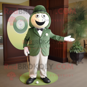 Olive Golf Ball mascot costume character dressed with a Suit Jacket and Rings