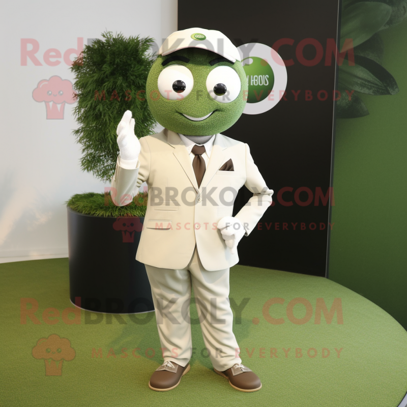 Olive Golf Ball mascot costume character dressed with a Suit Jacket and Rings