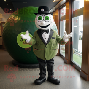 Olive Golf Ball mascot costume character dressed with a Suit Jacket and Rings