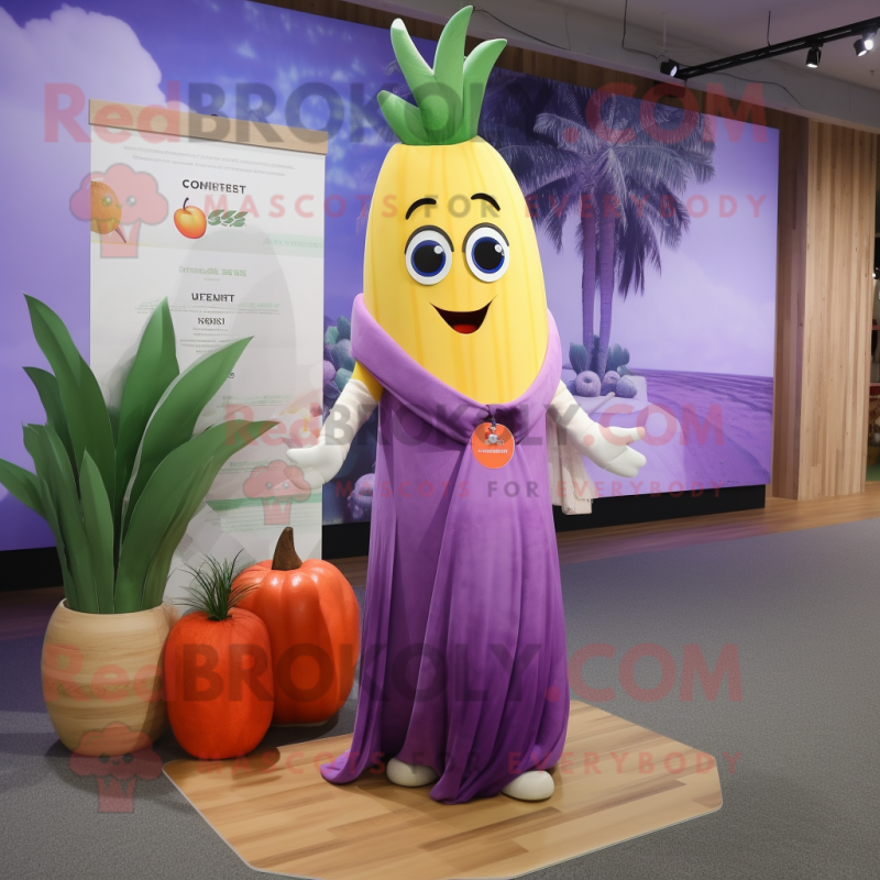 Lavender Mango mascot costume character dressed with a Maxi Dress and Cufflinks