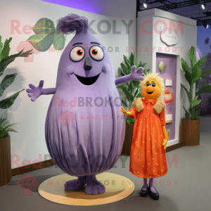 Lavender Mango mascot costume character dressed with a Maxi Dress and Cufflinks