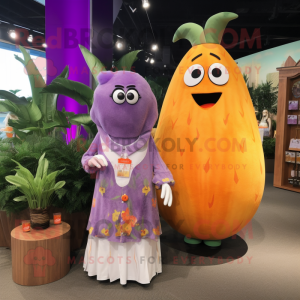 Lavender Mango mascot costume character dressed with a Maxi Dress and Cufflinks