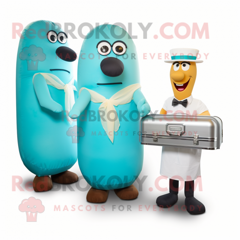 Turquoise Hot Dogs mascot costume character dressed with a Wedding Dress and Briefcases