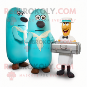 Turquoise Hot Dogs mascot costume character dressed with a Wedding Dress and Briefcases