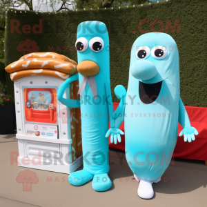 Turquoise Hot Dogs mascot costume character dressed with a Wedding Dress and Briefcases