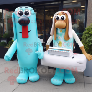 Turquoise Hot Dogs mascot costume character dressed with a Wedding Dress and Briefcases