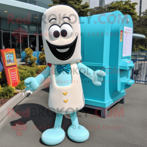 Turquoise Hot Dogs mascot costume character dressed with a Wedding Dress and Briefcases
