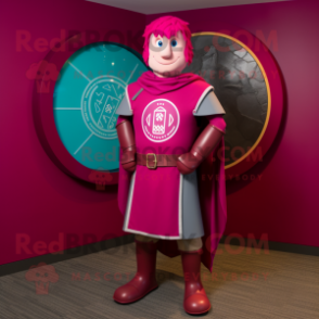 Magenta Celtic Shield mascot costume character dressed with a Graphic Tee and Ties