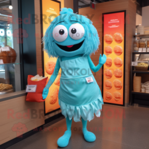 Cyan Ramen mascot costume character dressed with a Mini Dress and Tote bags