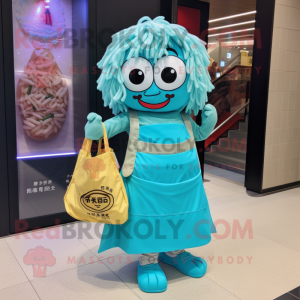 Cyan Ramen mascot costume character dressed with a Mini Dress and Tote bags