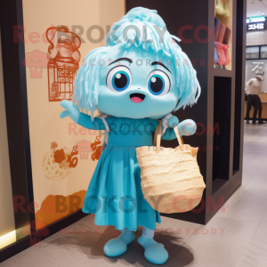Cyan Ramen mascot costume character dressed with a Mini Dress and Tote bags