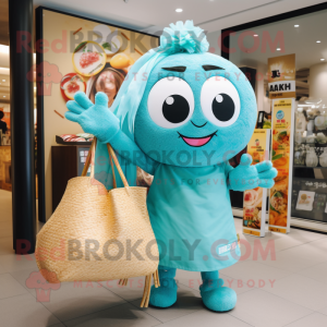 Cyan Ramen mascot costume character dressed with a Mini Dress and Tote bags