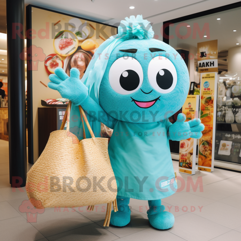 Cyan Ramen mascot costume character dressed with a Mini Dress and Tote bags Cyan Ramen mascot costume character dressed with a Mini Dress and Tote bags
