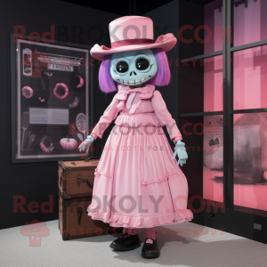 Pink Graveyard mascot costume character dressed with a Pleated Skirt and Suspenders