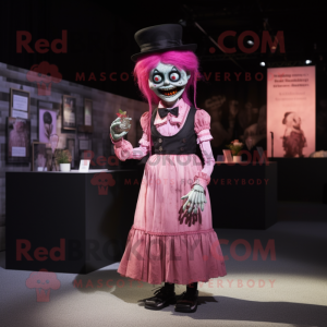 Pink Graveyard mascot costume character dressed with a Pleated Skirt and Suspenders