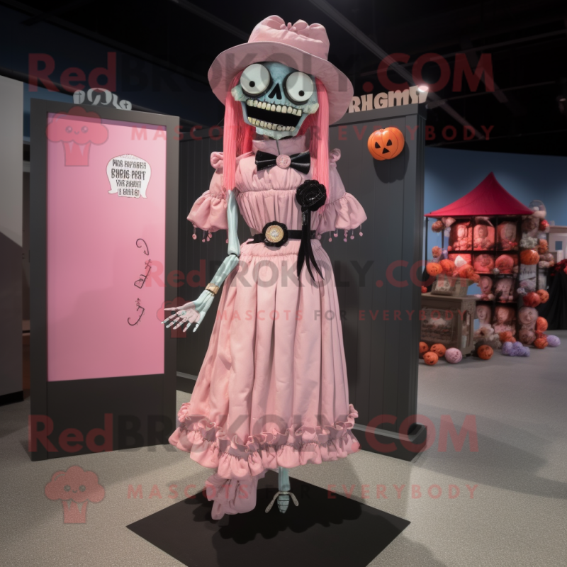 Pink Graveyard mascot costume character dressed with a Pleated Skirt and Suspenders