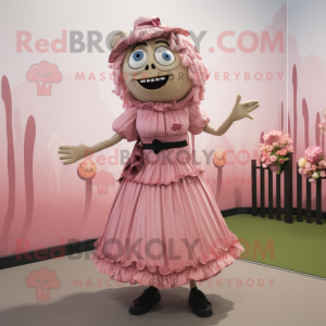 Pink Graveyard mascot costume character dressed with a Pleated Skirt and Suspenders