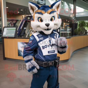 Navy Bobcat mascot costume character dressed with a Moto Jacket and Wallets