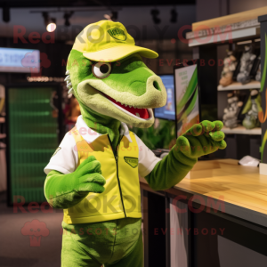 Lime Green Velociraptor mascot costume character dressed with a Rugby Shirt and Headbands