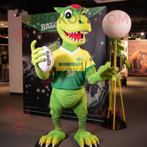 Lime Green Velociraptor mascot costume character dressed with a Rugby Shirt and Headbands