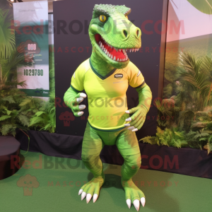 Lime Green Velociraptor mascot costume character dressed with a Rugby Shirt and Headbands