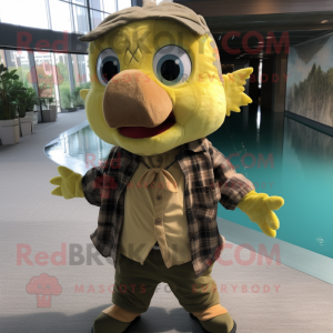 Olive Goldfish mascot costume character dressed with a Flannel Shirt and Necklaces