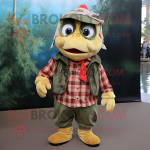 Olive Goldfish mascot costume character dressed with a Flannel Shirt and Necklaces
