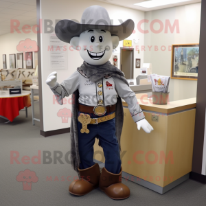 Gray Cowboy mascot costume character dressed with a Mini Skirt and Tie pins