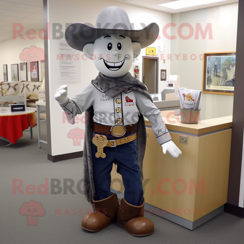 Gray Cowboy mascot costume character dressed with a Mini Skirt and Tie pins Gray Cowboy mascot costume character dressed with a Mini Skirt and Tie pins