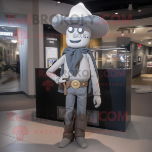 Gray Cowboy mascot costume character dressed with a Mini Skirt and Tie pins