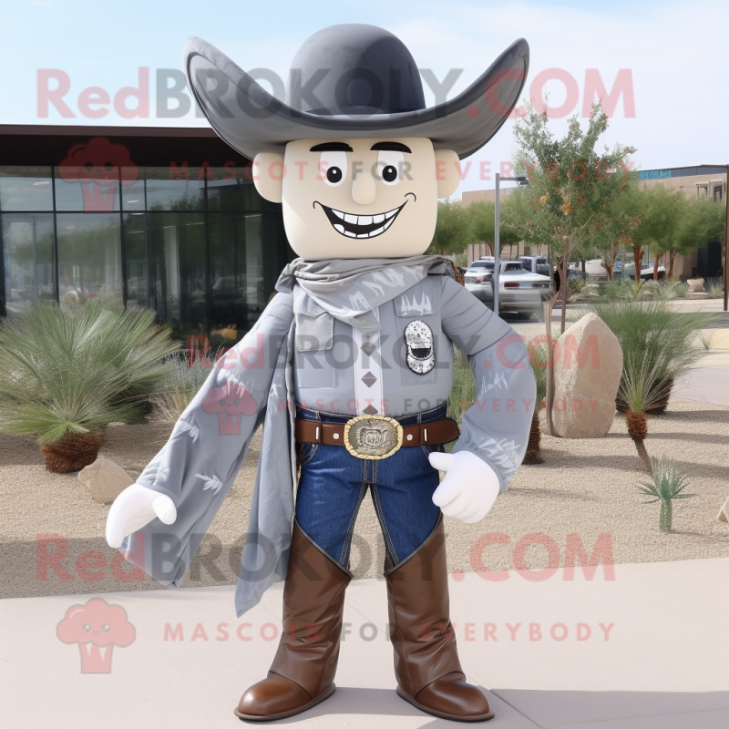 Gray Cowboy mascot costume character dressed with a Mini Skirt and Tie pins Gray Cowboy mascot costume character dressed with a Mini Skirt and Tie pins