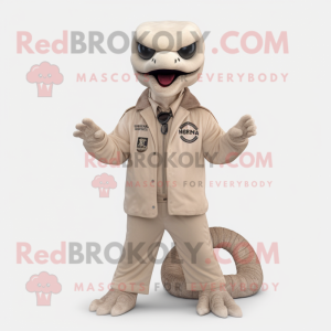 Beige Hydra mascot costume character dressed with a Jacket and Caps