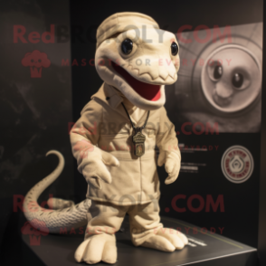 Beige Hydra mascot costume character dressed with a Jacket and Caps