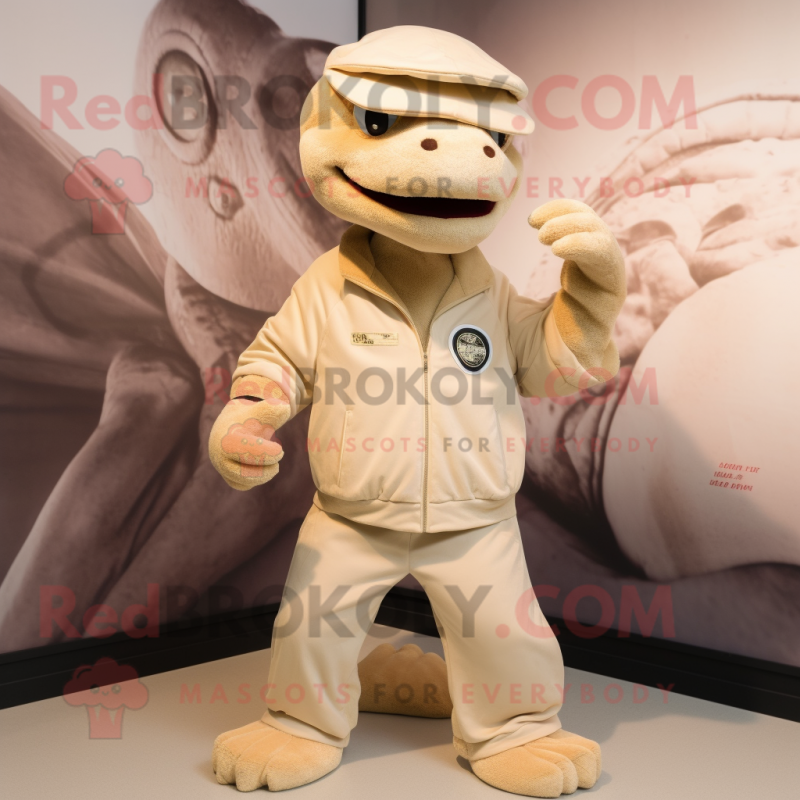 Beige Hydra mascot costume character dressed with a Jacket and Caps