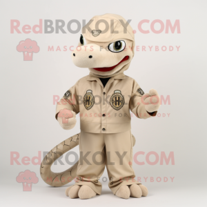 Beige Hydra mascot costume character dressed with a Jacket and Caps