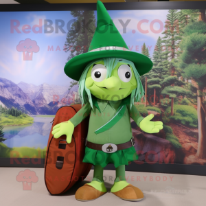 Forest Green Witch'S Hat mascot costume character dressed with a Board Shorts and Backpacks