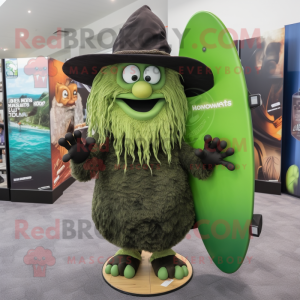 Forest Green Witch'S Hat mascot costume character dressed with a Board Shorts and Backpacks