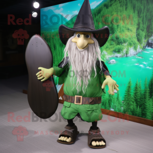 Forest Green Witch'S Hat mascot costume character dressed with a Board Shorts and Backpacks