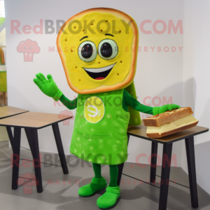 Lime Green Grilled Cheese Sandwich mascot costume character dressed with a Coat and Watches