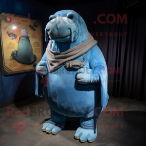 Blue Walrus mascot costume character dressed with a Jeans and Shawl pins