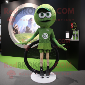 Olive Unicyclist mascot costume character dressed with a Mini Skirt and Bracelet watches