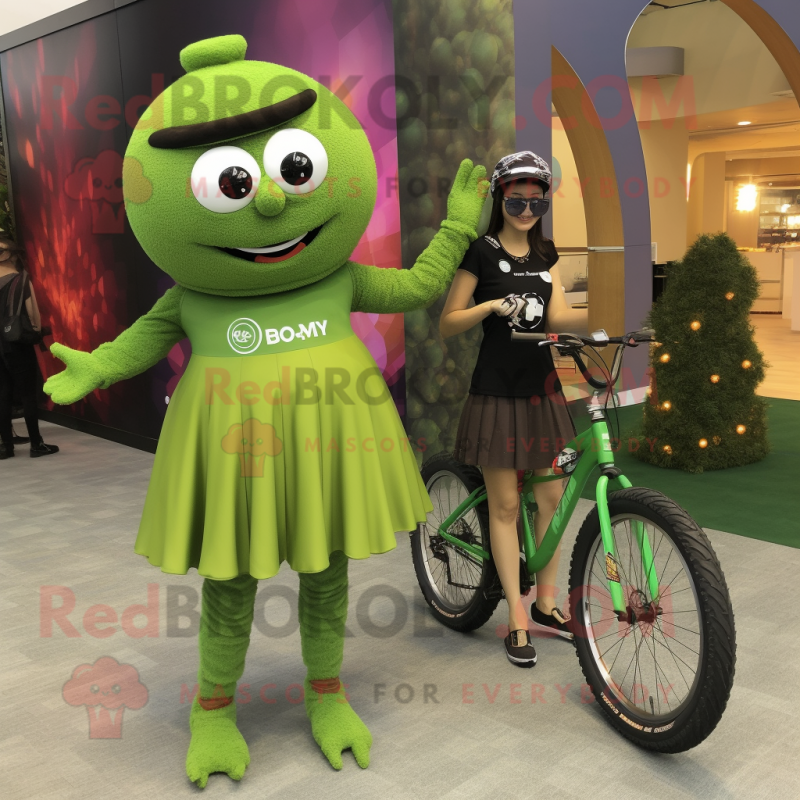 Olive Unicyclist mascot costume character dressed with a Mini Skirt and Bracelet watches