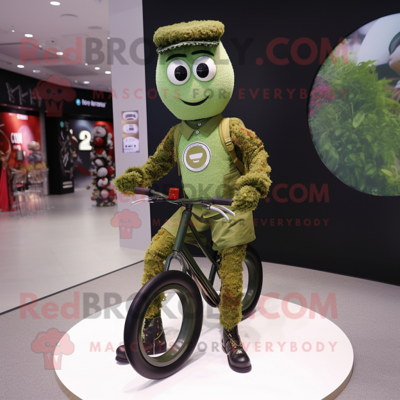 Olive Unicyclist mascot costume character dressed with a Mini Skirt and Bracelet watches