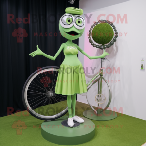 Olive Unicyclist mascot costume character dressed with a Mini Skirt and Bracelet watches