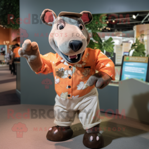 Peach Tapir mascot costume character dressed with a Button-Up Shirt and Cummerbunds