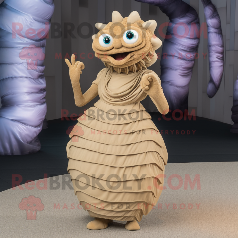 Beige Trilobite mascot costume character dressed with a Evening Gown and Bracelets Beige Trilobite mascot costume character dressed with a Evening Gown and Bracelets