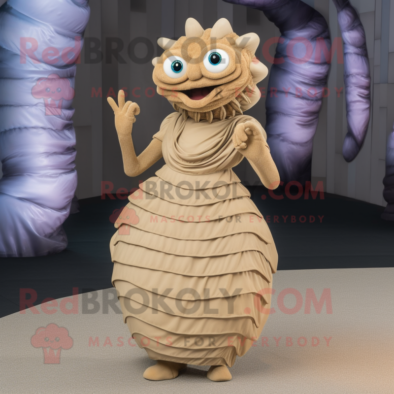 Beige Trilobite mascot costume character dressed with a Evening Gown and Bracelets