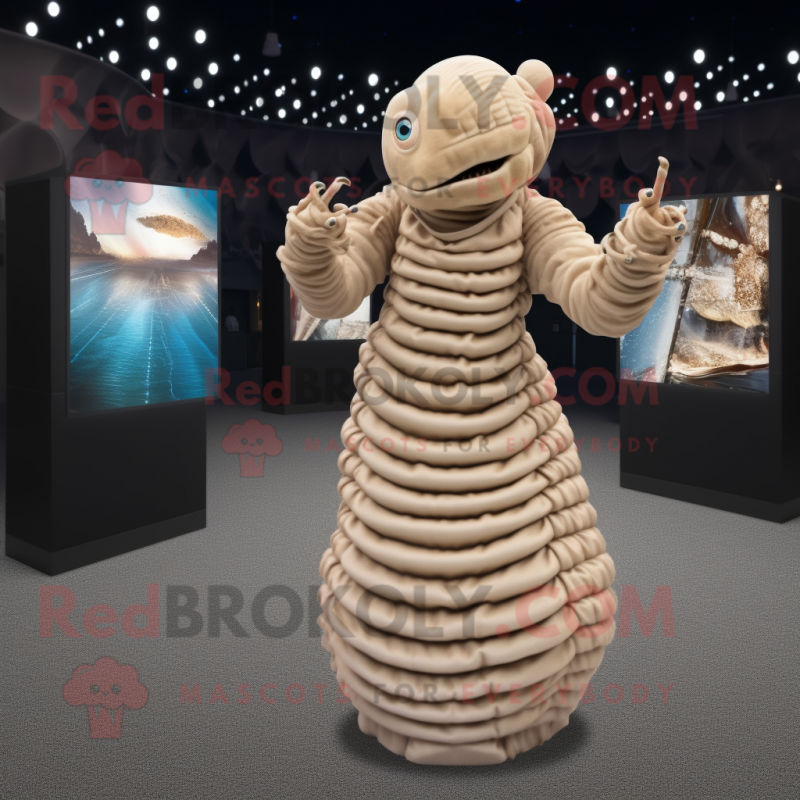 Beige Trilobite mascot costume character dressed with a Evening Gown and Bracelets Beige Trilobite mascot costume character dressed with a Evening Gown and Bracelets