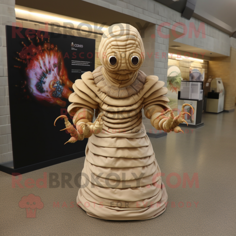 Beige Trilobite mascot costume character dressed with a Evening Gown and Bracelets Beige Trilobite mascot costume character dressed with a Evening Gown and Bracelets