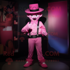 Pink Magician mascot costume character dressed with a Dungarees and Belts